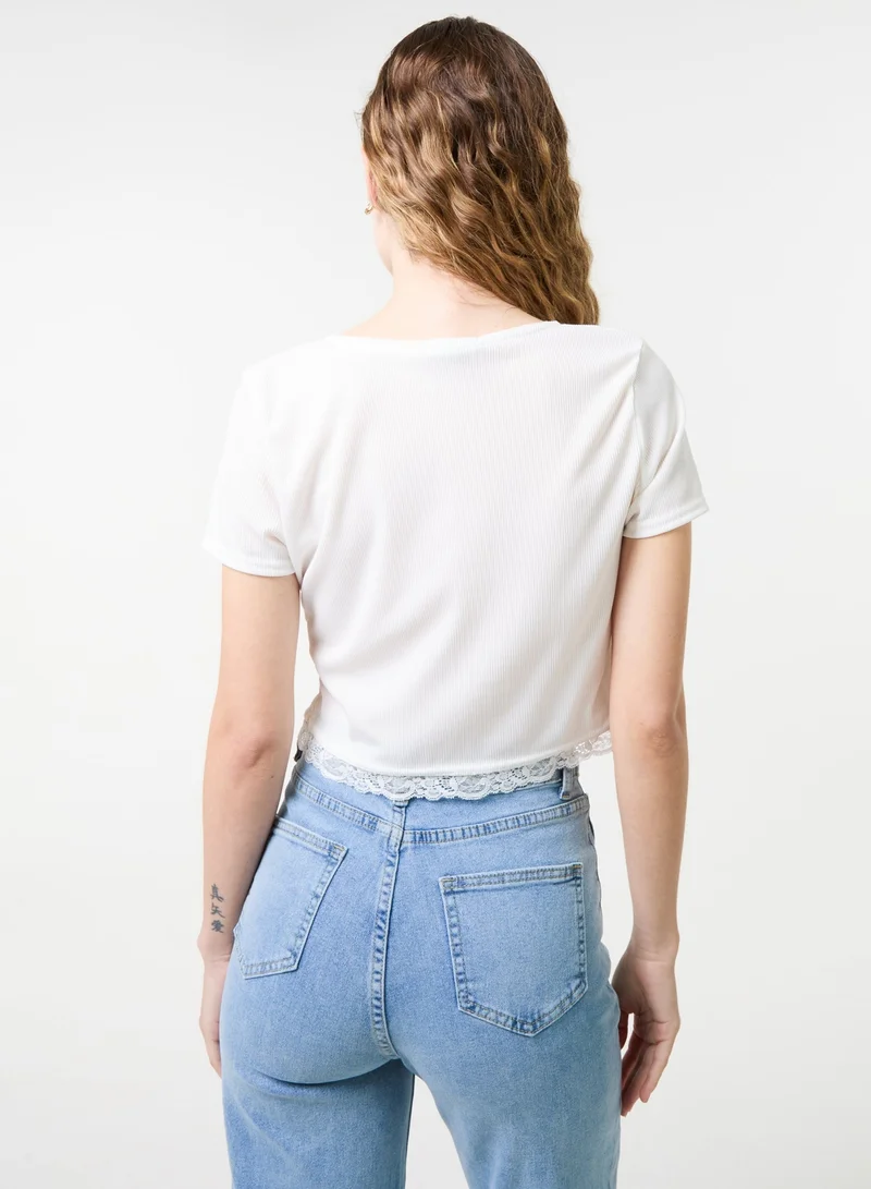 Pink Vanilla Ribbed Lace Tie Front Top