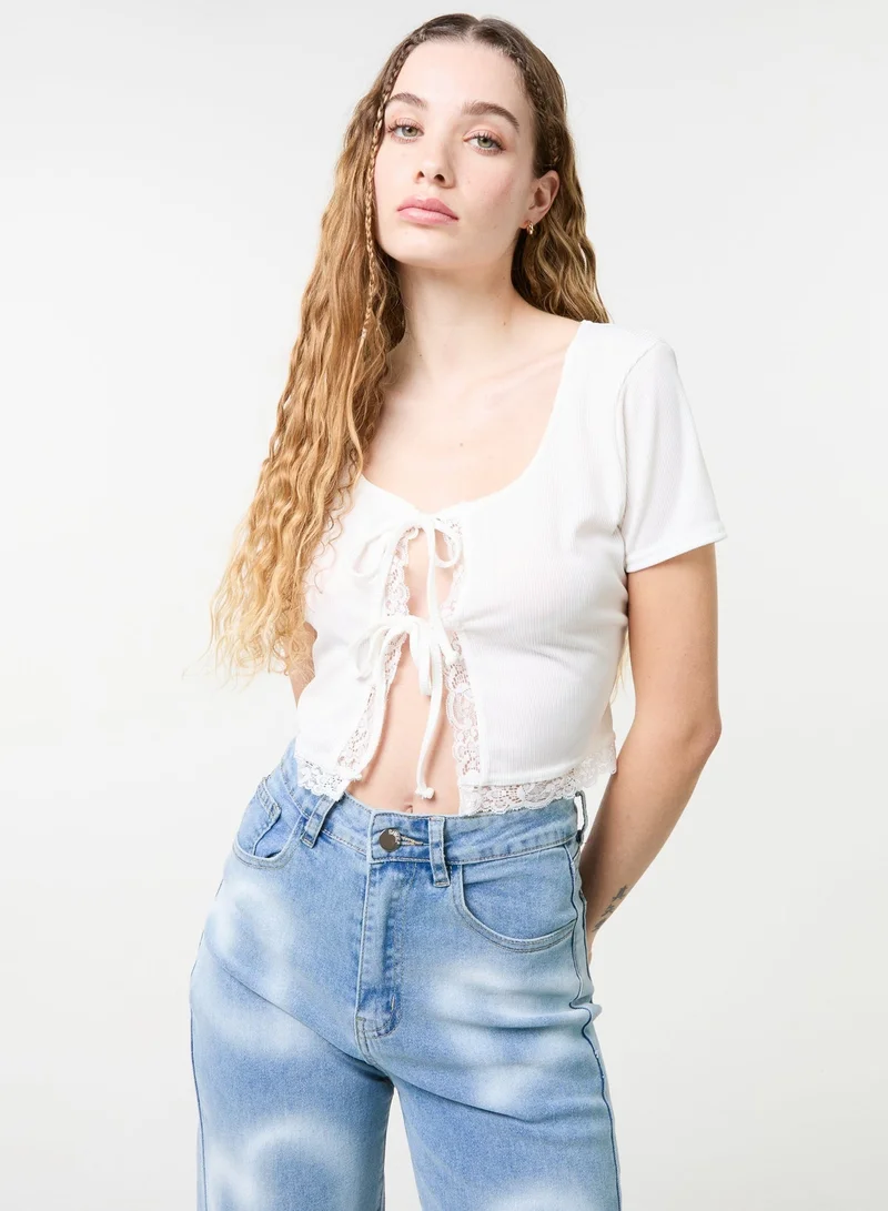 Pink Vanilla  Ribbed Lace Tie Front Top for Women | Best Price UAE