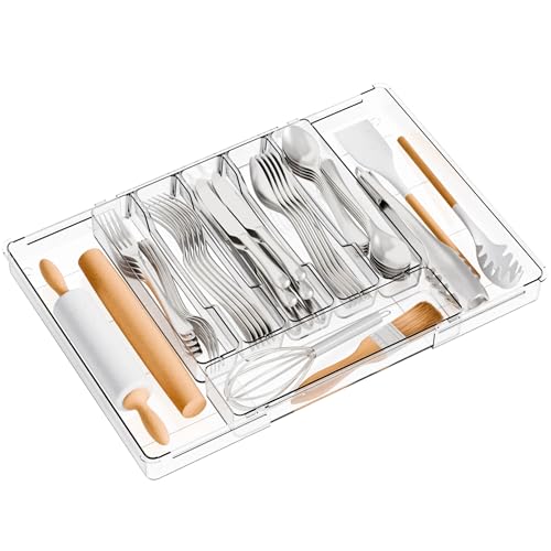 Yieach Large Clear Expandable Silverware Drawer Organizer for Kitchen,BPA FREE Adjustable Utensil Drawer Organizer and Silverware Tray,Plastic Flatware Organizers,Cutlery,Knife,Fork and Spoon Holder - Image 1