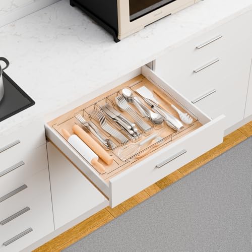 Yieach Large Clear Expandable Silverware Drawer Organizer for Kitchen,BPA FREE Adjustable Utensil Drawer Organizer and Silverware Tray,Plastic Flatware Organizers,Cutlery,Knife,Fork and Spoon Holder - Image 2
