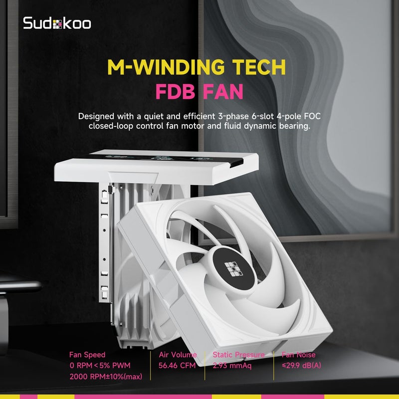 Sudokoo SK620V White AM5 مبرد هواء: مبرد وحدة المعالجة المركزية ذو برجين مزود بـ 6 أنابيب حرارية وشاشة رقمية خاصة بمنصة AM5 - مبرد كمبيوتر يحتوي على مراوح هادئة من نوع FDB PWM بقطر 120 مم ومثبت سريع. - Image 5