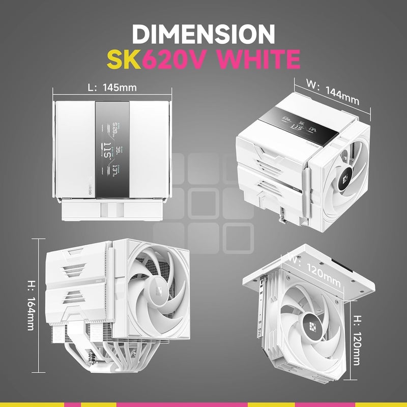 Sudokoo SK620V White AM5 مبرد هواء: مبرد وحدة المعالجة المركزية ذو برجين مزود بـ 6 أنابيب حرارية وشاشة رقمية خاصة بمنصة AM5 - مبرد كمبيوتر يحتوي على مراوح هادئة من نوع FDB PWM بقطر 120 مم ومثبت سريع. - Image 4