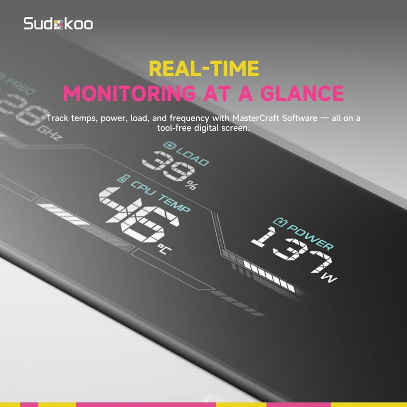 Sudokoo SK620V White AM5 مبرد هواء: مبرد وحدة المعالجة المركزية ذو برجين مزود بـ 6 أنابيب حرارية وشاشة رقمية خاصة بمنصة AM5 - مبرد كمبيوتر يحتوي على مراوح هادئة من نوع FDB PWM بقطر 120 مم ومثبت سريع. - Image 3