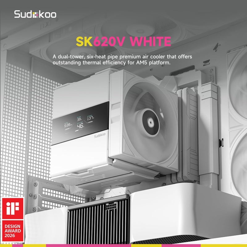 Sudokoo SK620V White AM5 مبرد هواء: مبرد وحدة المعالجة المركزية ذو برجين مزود بـ 6 أنابيب حرارية وشاشة رقمية خاصة بمنصة AM5 - مبرد كمبيوتر يحتوي على مراوح هادئة من نوع FDB PWM بقطر 120 مم ومثبت سريع. - Image 2