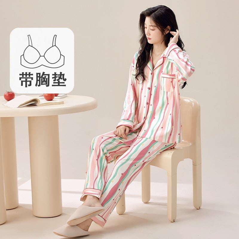 Womens Long Sleeve Pajamas Set with Pads Spring Autumn T24223 female - Image 1