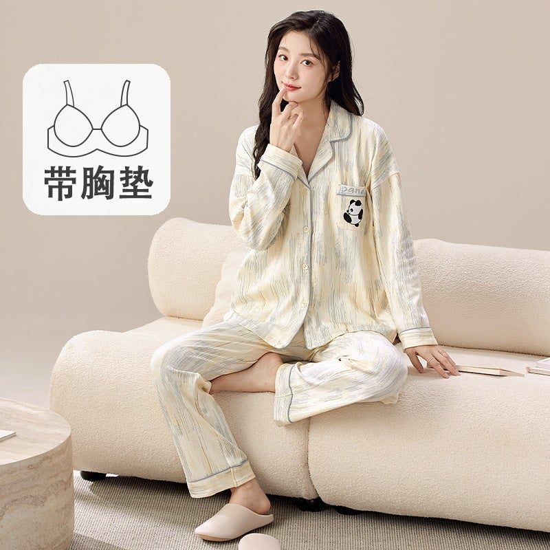 Womens Long Sleeve Pajamas Set with Pads Spring Autumn T24223 female - Image 2