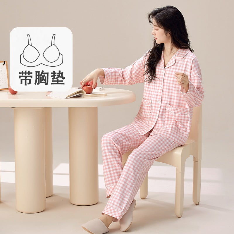 Womens Long Sleeve Pajamas Set with Pads Spring Autumn T24223 female - Image 3