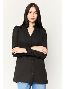 PIECES Women V-Neck Long Sleeves Plain Shirt, Black  - Image 1