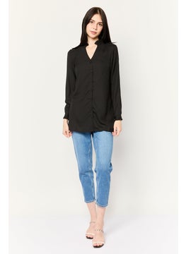 PIECES Women V-Neck Long Sleeves Plain Shirt, Black  - Image 2