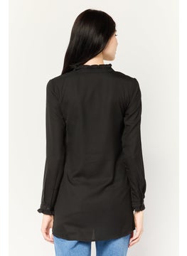 PIECES Women V-Neck Long Sleeves Plain Shirt, Black  - Image 4