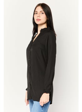 PIECES Women V-Neck Long Sleeves Plain Shirt, Black  - Image 3