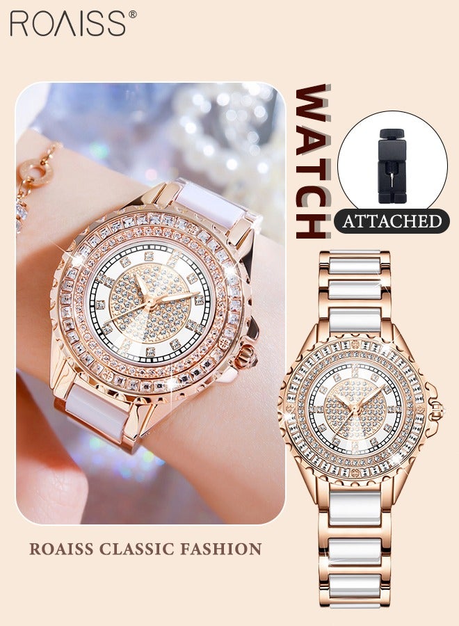 roaiss Women's Ceramic Strap Quartz Watch, Analog Display Round Dial with Zirconium Diamonds Decoration, Luminous Waterproof Luxurious Wristwatch as Gift for Ladies - Image 1