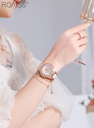 Women's Ceramic Strap Quartz Watch, Analog Display Round Dial with Zirconium Diamonds Decoration, Luminous Waterproof Luxurious Wristwatch as Gift for Ladies - view 2