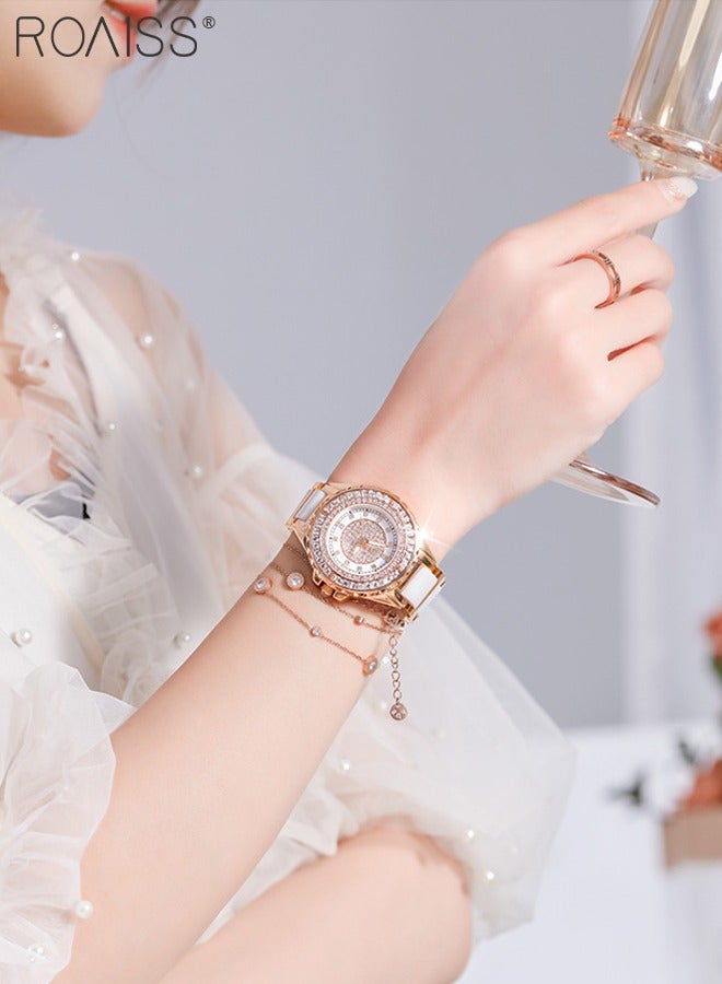 roaiss Women's Ceramic Strap Quartz Watch, Analog Display Round Dial with Zirconium Diamonds Decoration, Luminous Waterproof Luxurious Wristwatch as Gift for Ladies - Image 2