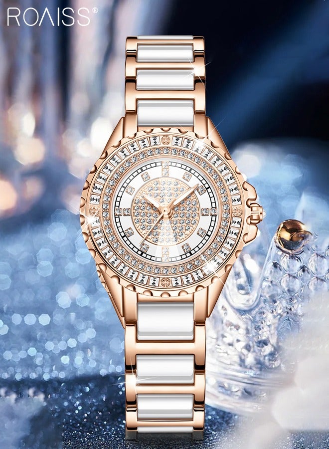 roaiss Women's Ceramic Strap Quartz Watch, Analog Display Round Dial with Zirconium Diamonds Decoration, Luminous Waterproof Luxurious Wristwatch as Gift for Ladies - Image 3