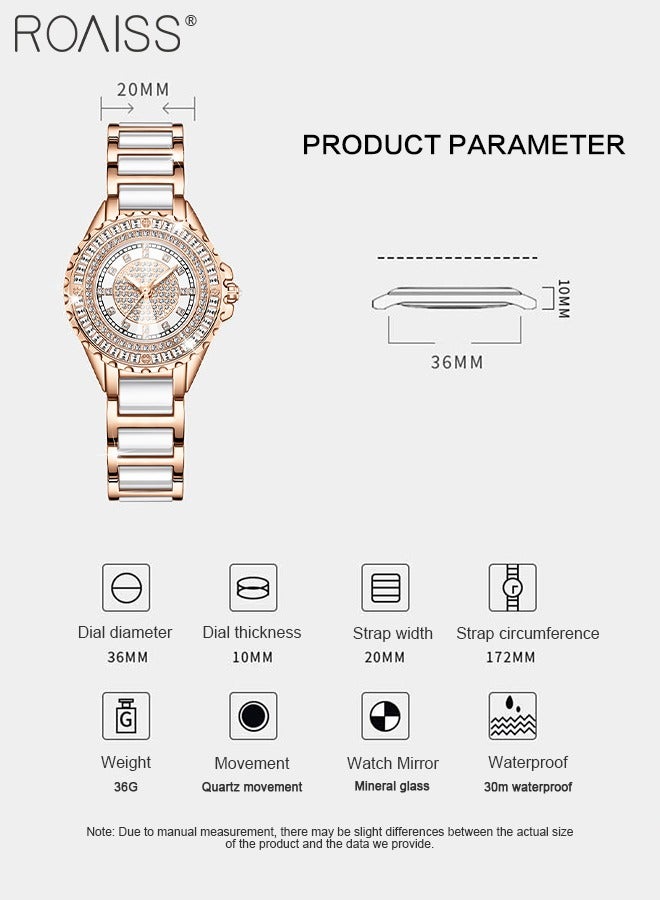 roaiss Women's Ceramic Strap Quartz Watch, Analog Display Round Dial with Zirconium Diamonds Decoration, Luminous Waterproof Luxurious Wristwatch as Gift for Ladies - Image 4