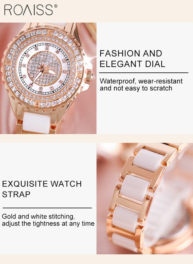 roaiss Women's Ceramic Strap Quartz Watch, Analog Display Round Dial with Zirconium Diamonds Decoration, Luminous Waterproof Luxurious Wristwatch as Gift for Ladies - Image 5