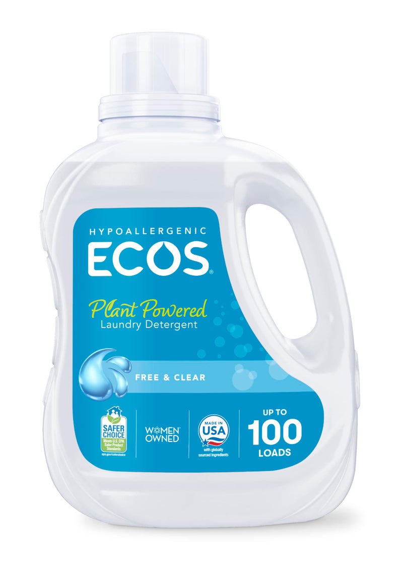 ECOS Laundry Detergent Liquid, 100 Loads - Dermatologist Tested Laundry Soap - Hypoallergenic, EPA Safer Choice Certified, Plant-Powered - Free & Clear, 100 Fl Oz - Image 1