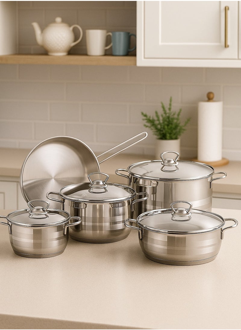 9 Piece Cookware Set Stainless Steel 18/10 Turkey Made Silver