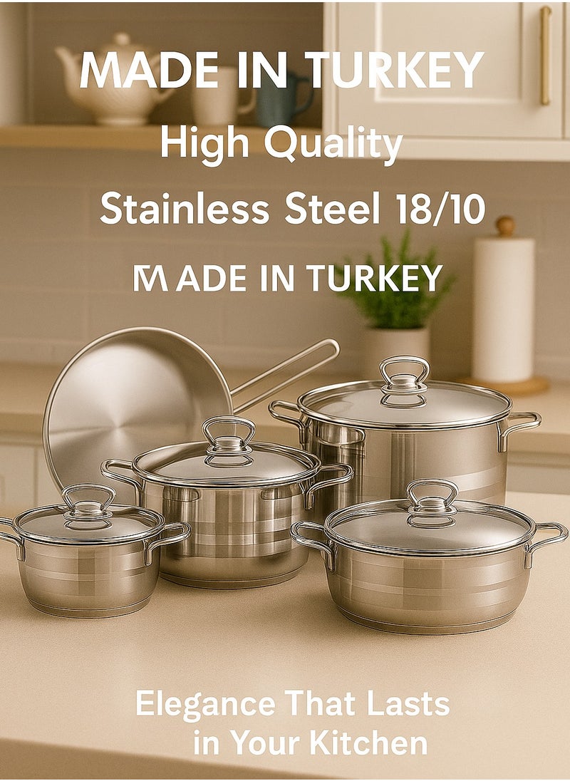 9 Piece Cookware Set Stainless Steel 18/10 Turkey Made Silver