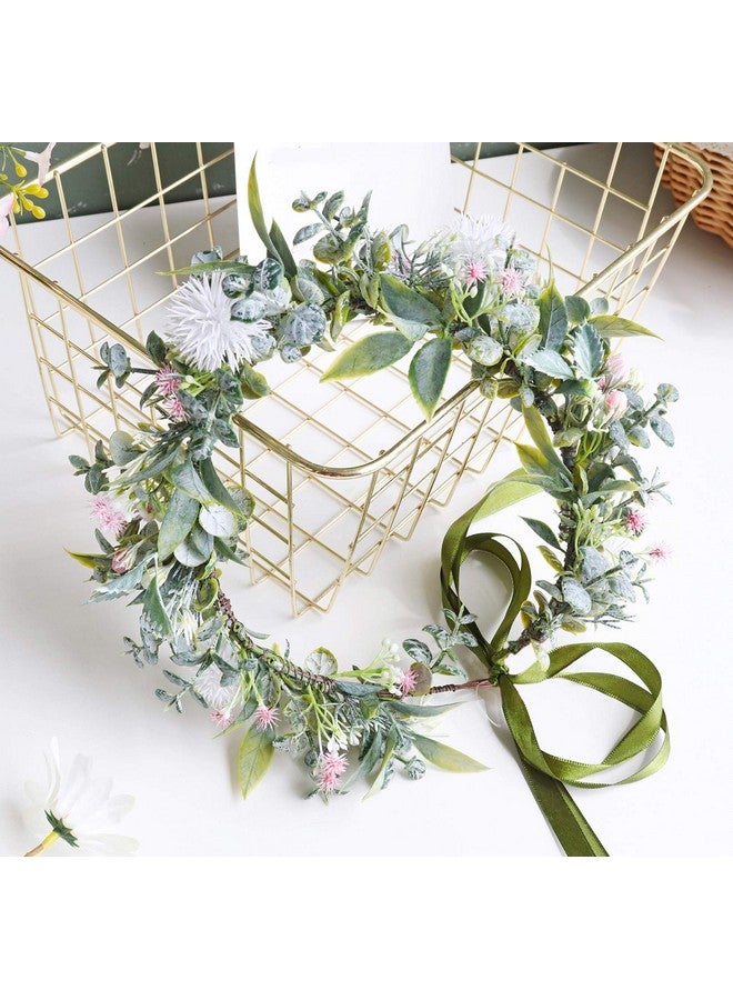 Vivivalue Boho Flower Headband Women Flower Crown Hair Wreath Floral Headpiece Halo With Ribbon Wedding Party White - Image 5