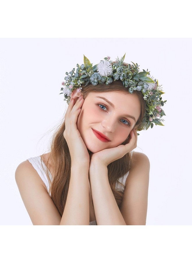 Vivivalue Boho Flower Headband Women Flower Crown Hair Wreath Floral Headpiece Halo With Ribbon Wedding Party White - Image 3