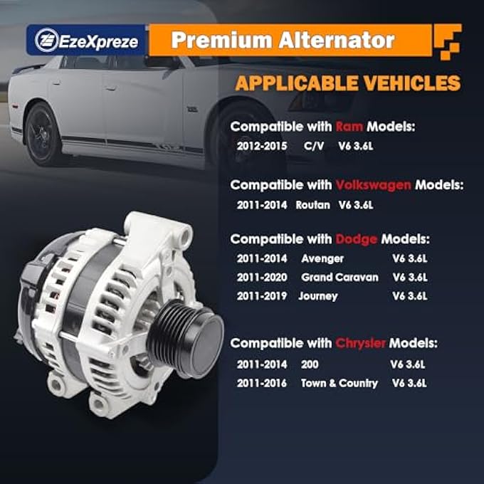 E EZEXPREZE Ezexpreze Alternator Compatible with Chrysler 200 11-14, Town & Country alternator 11-16 & Dodge Avenger 11-14, Grand Caravan 11-20, Journey 11-19 & Ram C/V & VW Routan, V6 3.6L,11570N, 11570 - Image 2