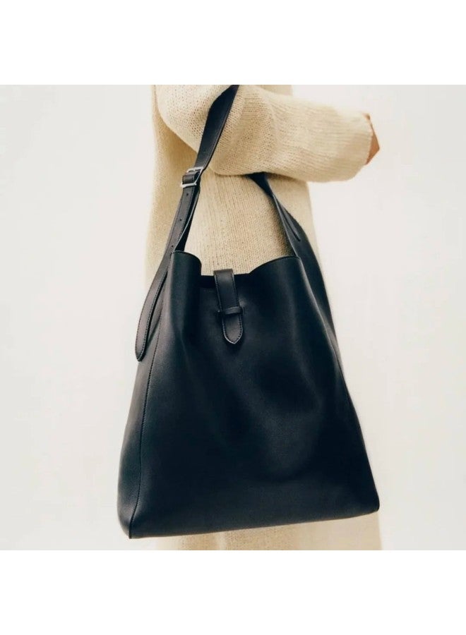 TheRow Blake Hobo Underarm Layer Cowhide Bucket Tote Bag Large Capacity Mother And Child Shopping Bag-Color:Black-Size:Small Size: 24*10*25cm Without Logo  - Image 3