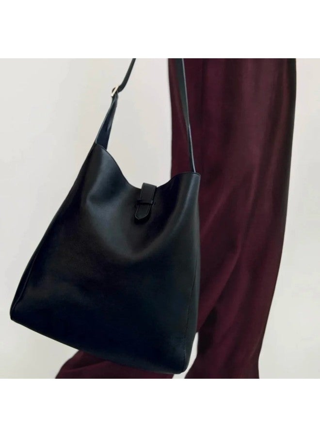 TheRow Blake Hobo Underarm Layer Cowhide Bucket Tote Bag Large Capacity Mother And Child Shopping Bag-Color:Black-Size:Small Size: 24*10*25cm Without Logo  - Image 5