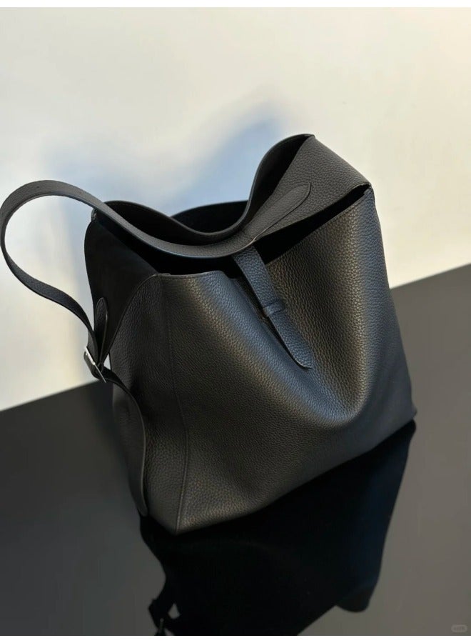 TheRow Blake Hobo Underarm Layer Cowhide Bucket Tote Bag Large Capacity Mother And Child Shopping Bag-Color:Black-Size:Small Size: 24*10*25cm Without Logo  - Image 1