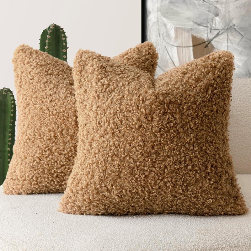 Foindtower 2 Pieces 20x20 Inch Bronze, Faux Fur Throw Pillow Cover Accent Sherpa Pillow Fuzzy Soft Pillowcases Sheepskin Decorative Fleece Cushion Case for Bed Couch Living Room - Image 1