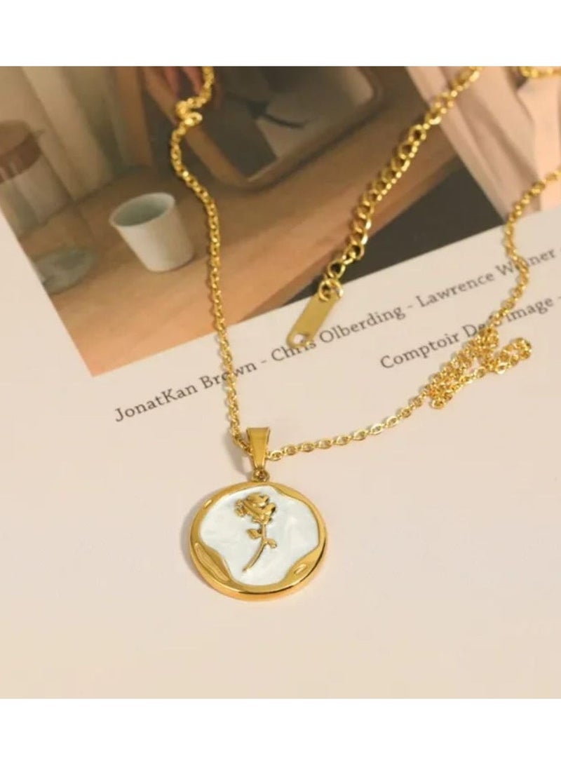 فيروز جوليري عقد بقلادة دائرية على شكل وردة للنساء من ستانلس ستيل مطلي بالذهب , 18 انش - Image 2