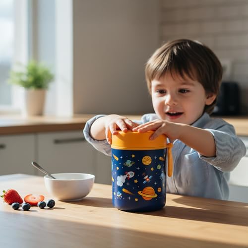 ONE AND ONLY Stainless Steel Kids Food Storage Box Combo Pink and Blue Space Themed Printed 480ml Baby Snack Jar Boxes for Travelling - Image 2