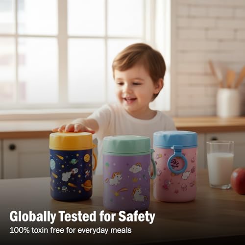 ONE AND ONLY Stainless Steel Kids Food Storage Box Combo Pink and Blue Space Themed Printed 480ml Baby Snack Jar Boxes for Travelling - Image 5