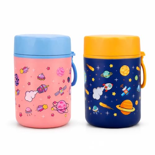 ONE AND ONLY Stainless Steel Kids Food Storage Box Combo Pink and Blue Space Themed Printed 480ml Baby Snack Jar Boxes for Travelling - Image 1