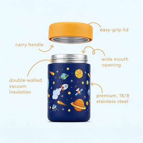 ONE AND ONLY Stainless Steel Kids Food Storage Box Combo Pink and Blue Space Themed Printed 480ml Baby Snack Jar Boxes for Travelling - Image 3