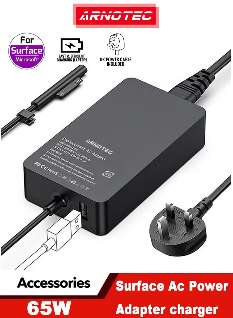 ARNOTEC 65W Surface Power Adapter Charger, Compatible with Surface Pro 3/4/5/6/7/8/X, Surface Laptop 1/2/3/4/Studio, Surface Go 1/2/3, Surface Book 1/2/3 with USB Charging Port and Magnetic Connector - Image 1