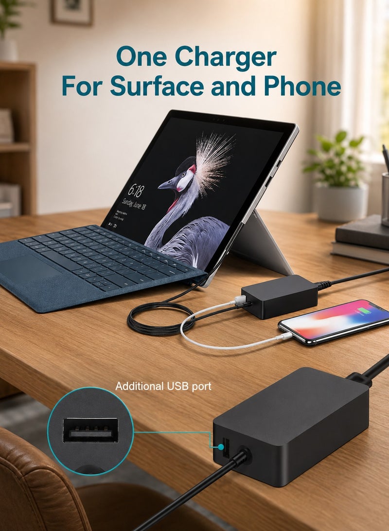 ARNOTEC 65W Surface Power Adapter Charger, Compatible with Surface Pro 3/4/5/6/7/8/X, Surface Laptop 1/2/3/4/Studio, Surface Go 1/2/3, Surface Book 1/2/3 with USB Charging Port and Magnetic Connector - Image 4