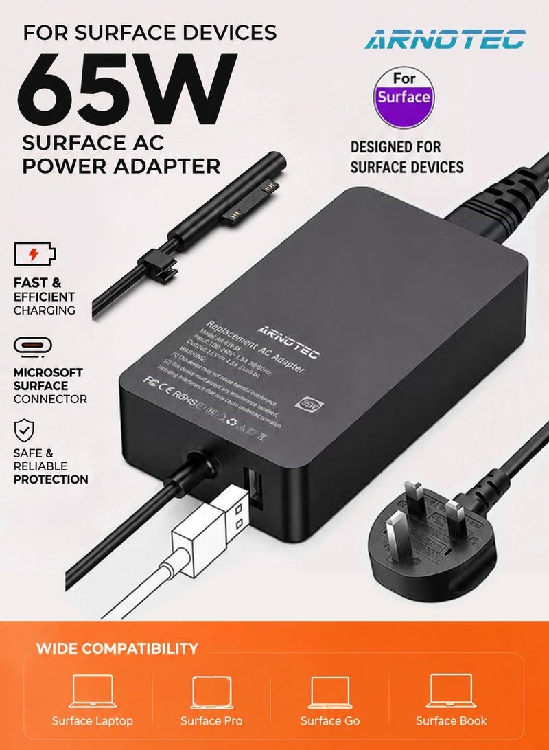 ARNOTEC 65W Surface Power Adapter Charger, Compatible with Surface Pro 3/4/5/6/7/8/X, Surface Laptop 1/2/3/4/Studio, Surface Go 1/2/3, Surface Book 1/2/3 with USB Charging Port and Magnetic Connector - Image 1