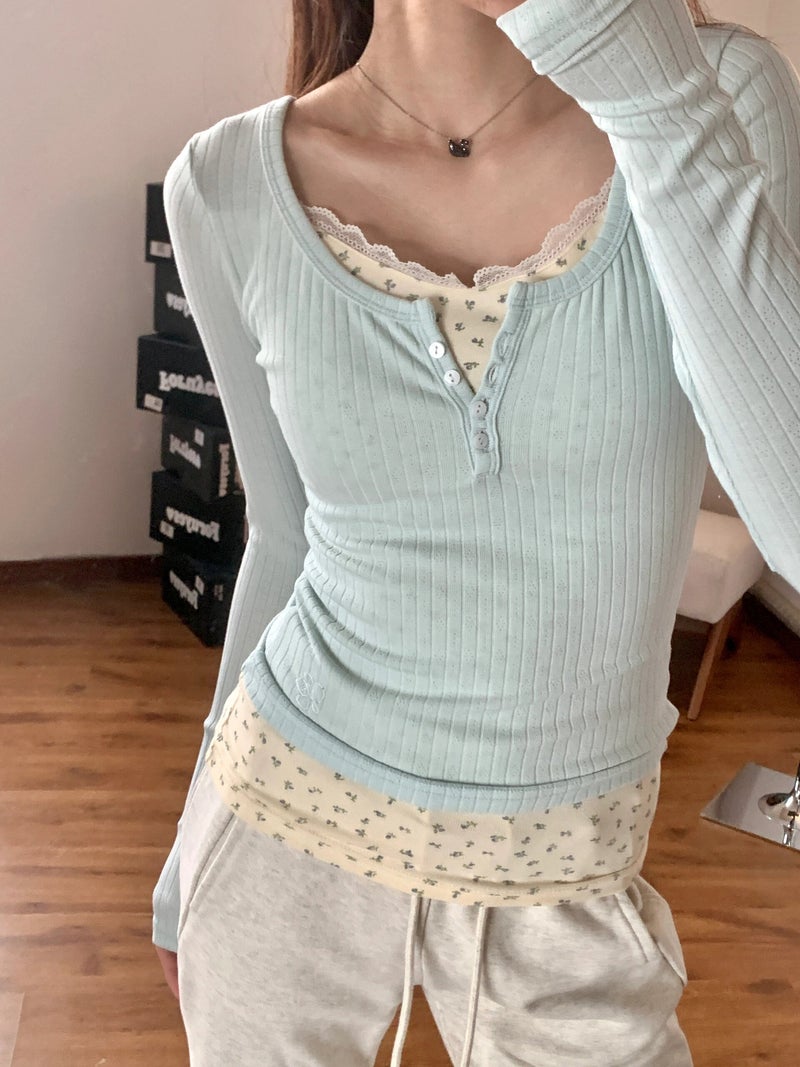 Pure Desire Style Lace Low Neck T-Shirt Women'S Early Spring Fake Two-Piece Bm Floral Base Shirt With Short Top - Image 1