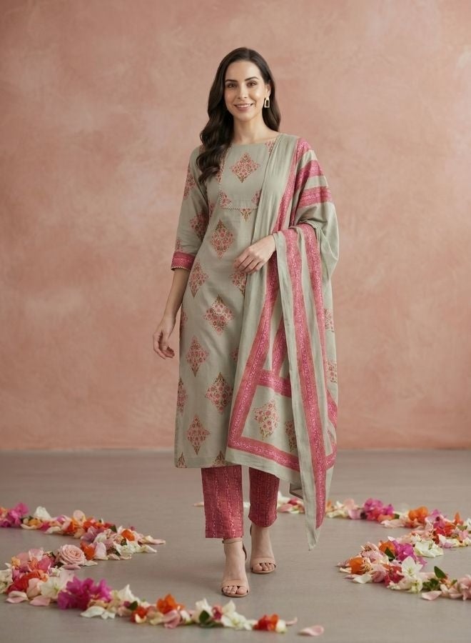 Yuris Women Green  Pink Printed Kurta with Palazzos  Dupatta - Image 1