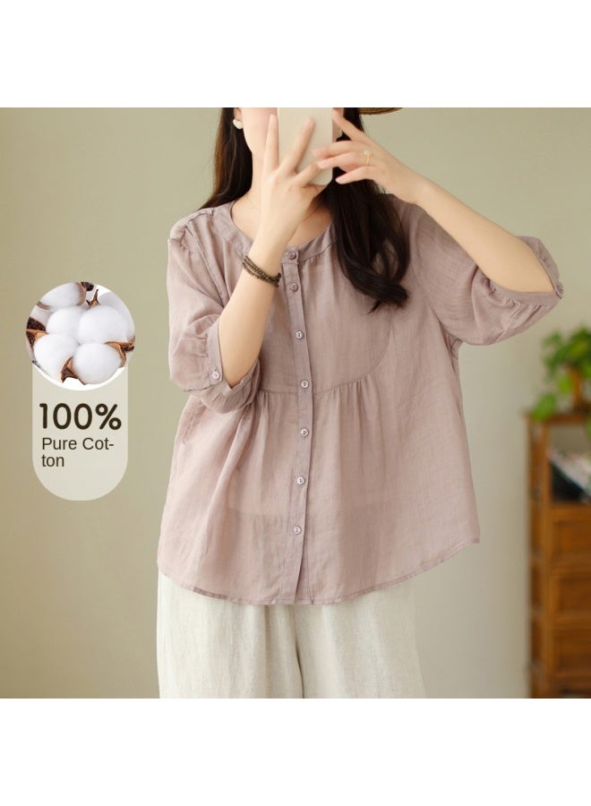 XINYANG Pure Cotton Babydoll Shirt Women's 2025 Summer Thin Short-sleeve Blouse Round Neck Waist-cinching Flattering Top - Image 2