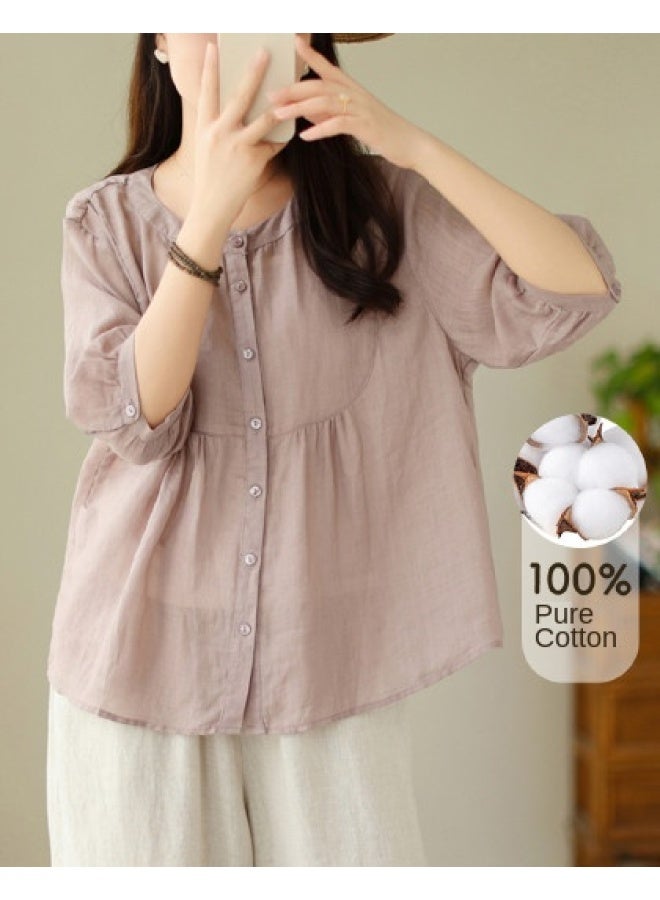 XINYANG Pure Cotton Babydoll Shirt Women's 2025 Summer Thin Short-sleeve Blouse Round Neck Waist-cinching Flattering Top - Image 1