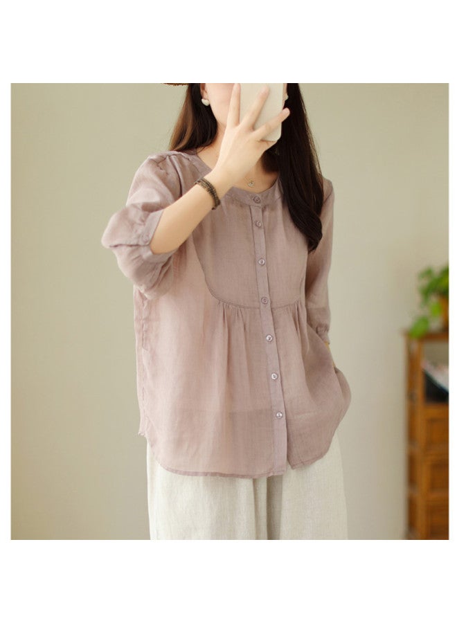 XINYANG Pure Cotton Babydoll Shirt Women's 2025 Summer Thin Short-sleeve Blouse Round Neck Waist-cinching Flattering Top - Image 4