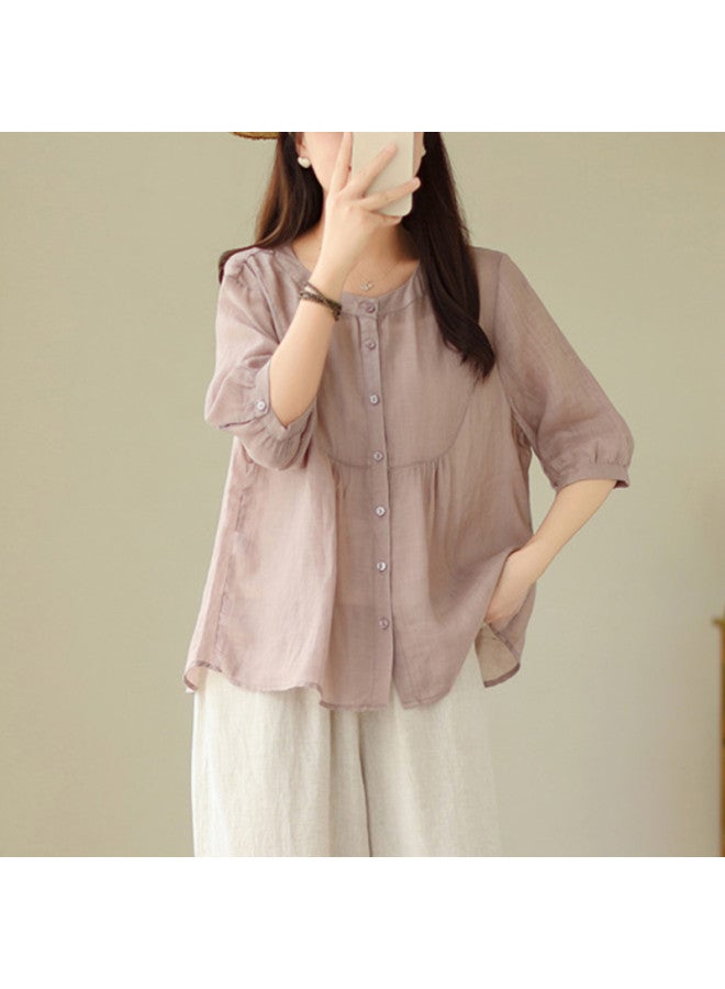 XINYANG Pure Cotton Babydoll Shirt Women's 2025 Summer Thin Short-sleeve Blouse Round Neck Waist-cinching Flattering Top - Image 3