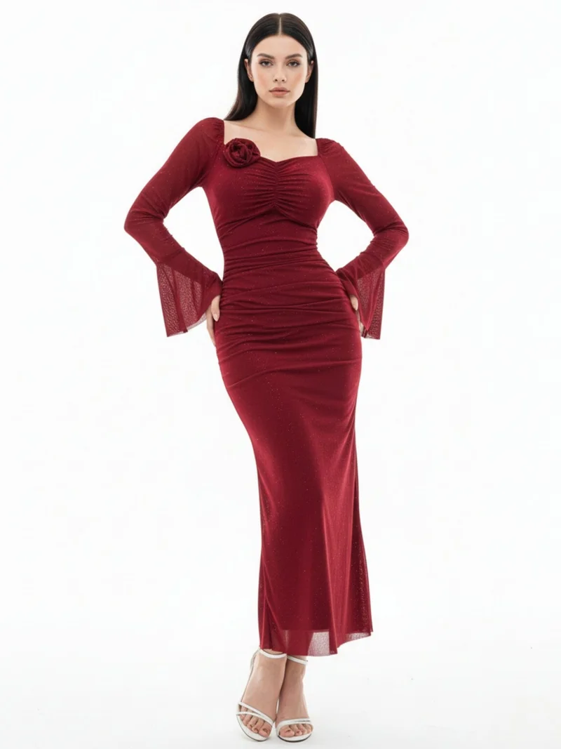 Outzidr  Maroon Bell Sleeve Sweatheart Neck Dress for Women | Best Price UAE