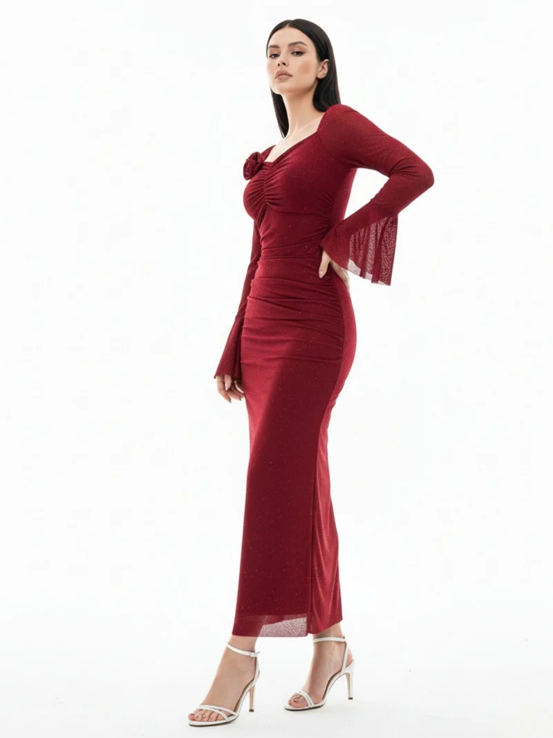 أوجيدر Maroon Bell Sleeve Sweatheart Neck Dress