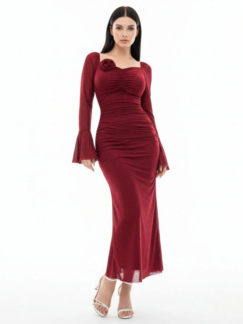 أوجيدر Maroon Bell Sleeve Sweatheart Neck Dress