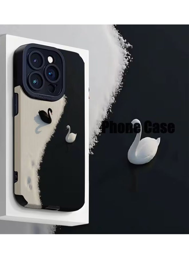 Temu Black and white swan design faux leather phone case, stylish and modern, stain, shock, and scratch resistant, compatible with iPhone 13 Pro Max - Image 1