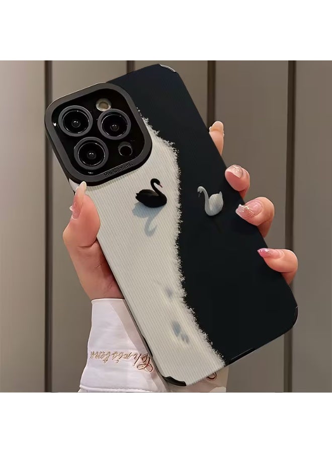 Temu Black and white swan design faux leather phone case, stylish and modern, stain, shock, and scratch resistant, compatible with iPhone 13 Pro Max - Image 2